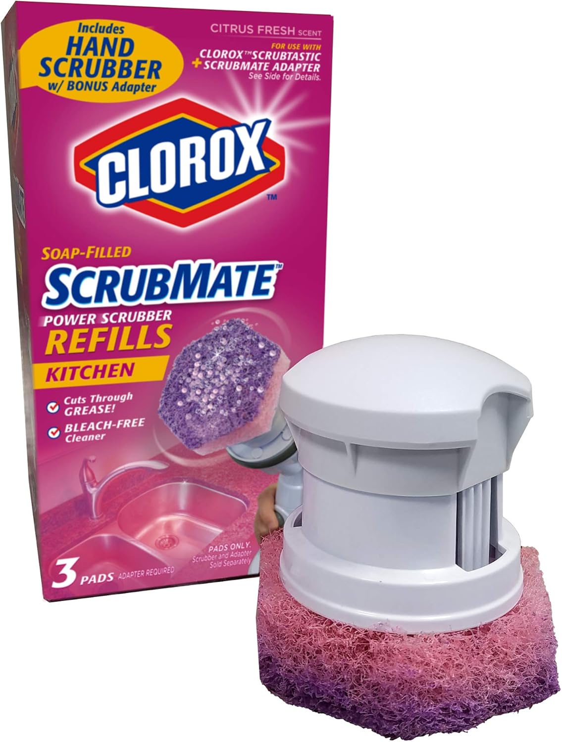 Clorox ScrubMate fregador de cocina de mano, más 3 almohadillas de recambio