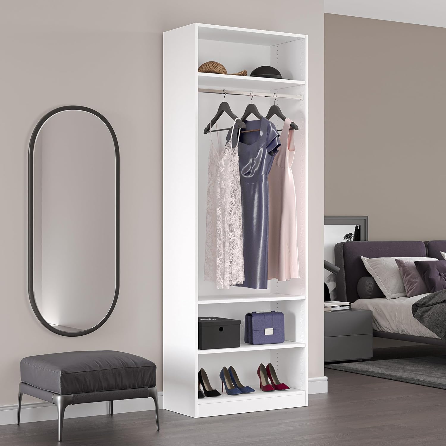 JY Furniture JYCL – Organizador de armario de madera, sistema modular de armario con 3 estantes ajustables y barra para colgar, 18-36 W, fácil de