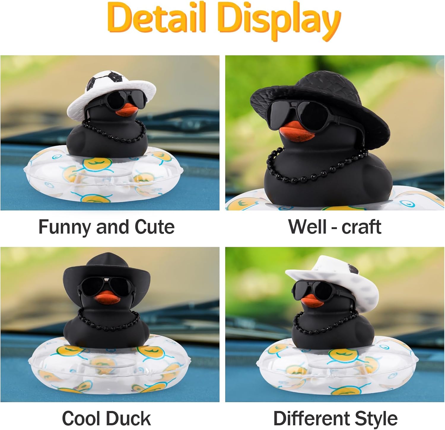 wonuu Decoración de coche de pato de goma, accesorios para automóvil, adorno para tablero de instrumentos con sombrero de vaquero, anillo de