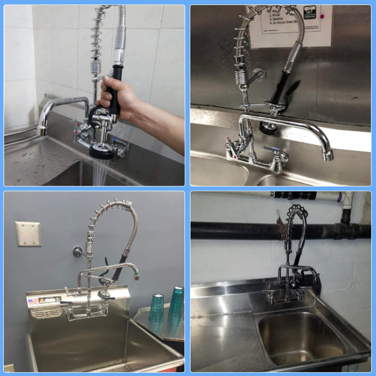 Grifo de restaurante comercial con rociador de preenjuague de 8 pulgadas, grifo de fregadero de cocina de montaje en pared central con rociador