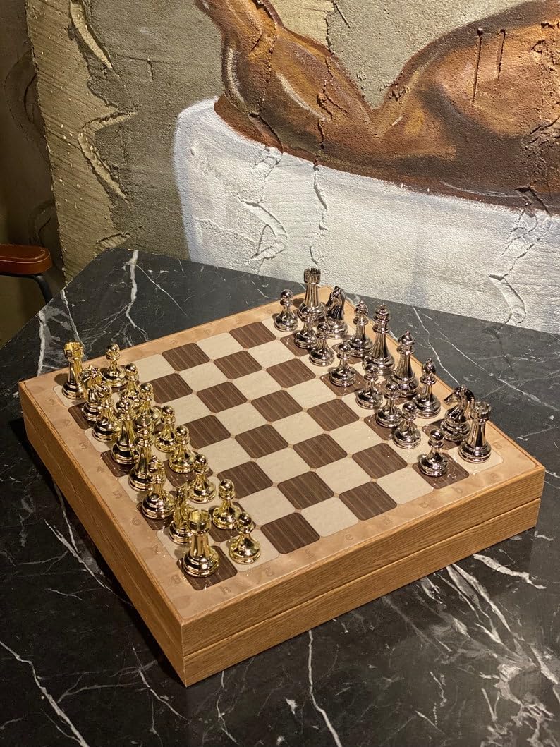 Juego de ajedrez de lujo para adultos, piezas de ajedrez de metal con peso de metal, tablero de ajedrez de madera personalizado con almacenamiento