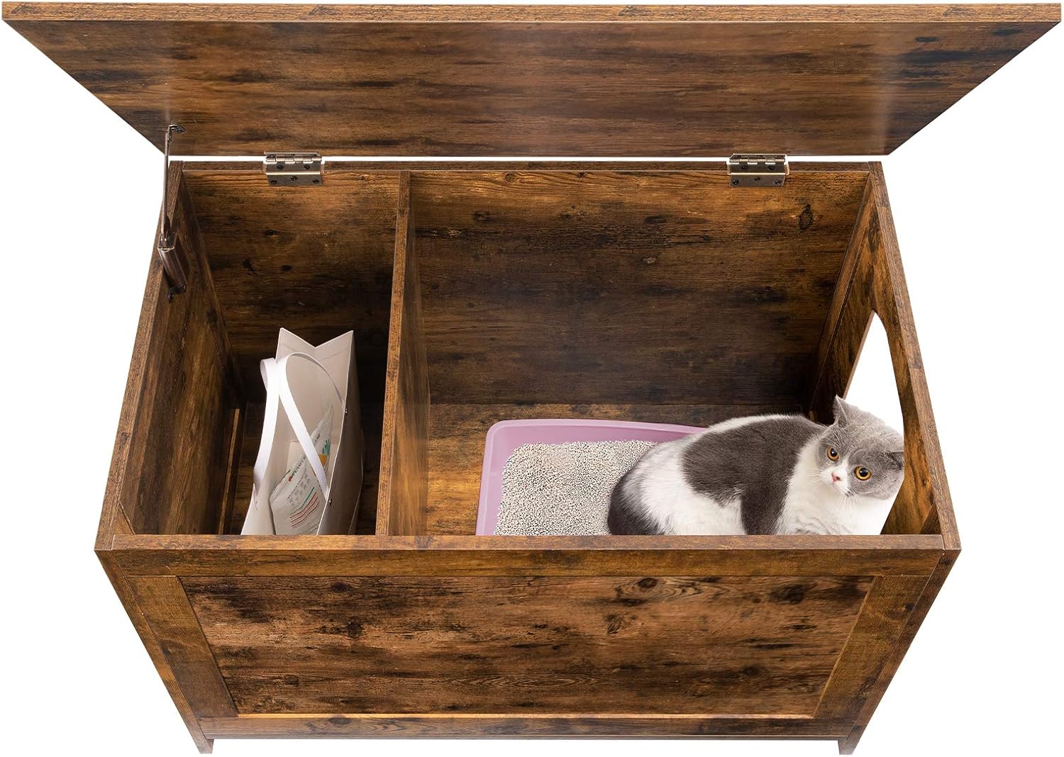 HOOBRO Caja de arena para gatos, muebles ocultos, banco de almacenamiento de baño con tapa abatible, con divisor para ampliar la mesita de noche