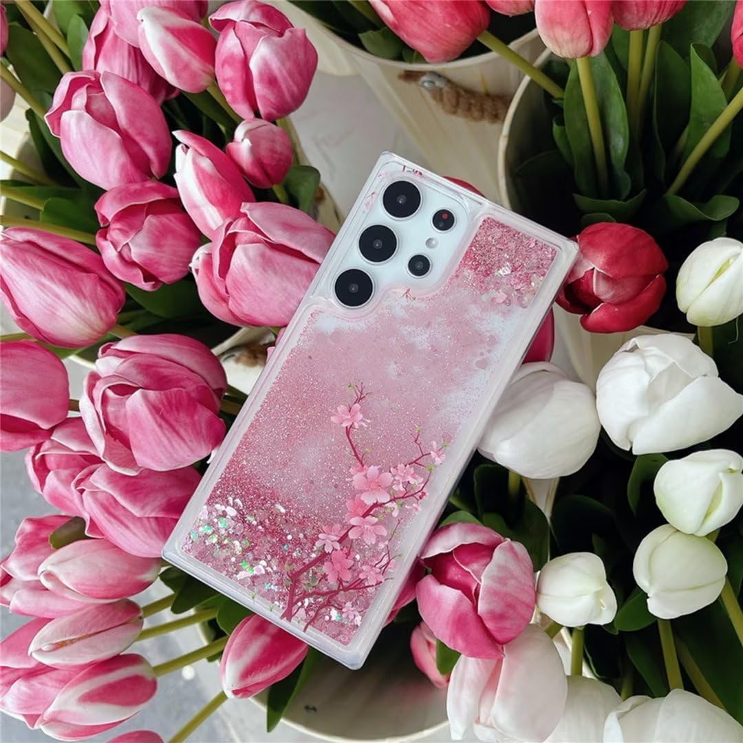 Compatible con fundas transparentes Samsung A32 4G, diseño de flores degradadas, arena movediza brillante, bonita cascada flotante líquida con