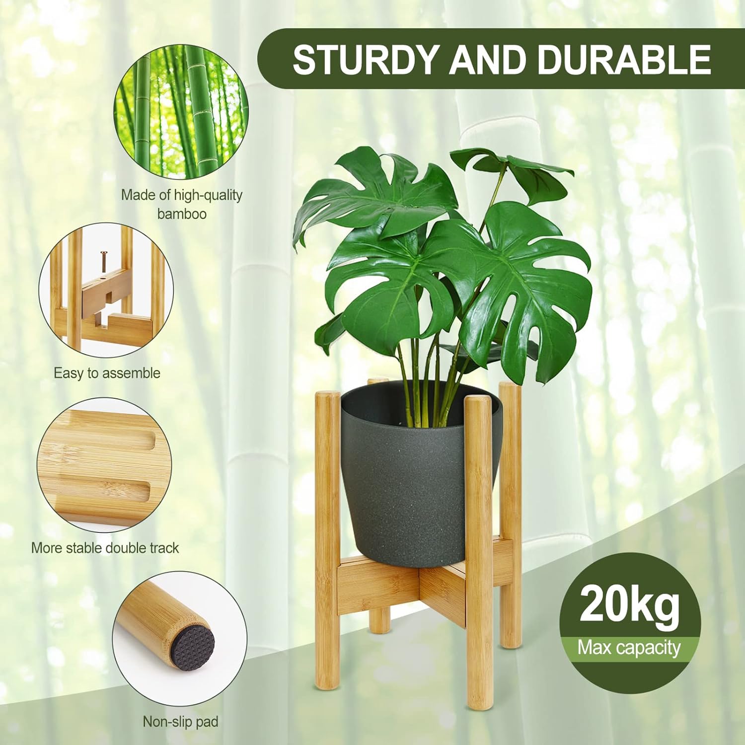 1 soporte ajustable para plantas de interior, soporte para plantas de mediados de siglo de 11.8 pulgadas, soporte estable de bambú natural para