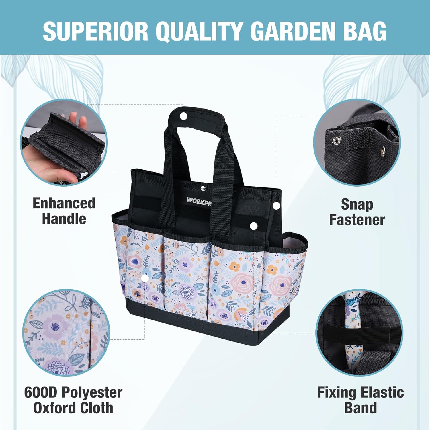 WORKPRO Bolsa de herramientas de jardín, 9 bolsillos, bolsa de almacenamiento de herramientas de jardín Oxford resistente, soporte para kit de