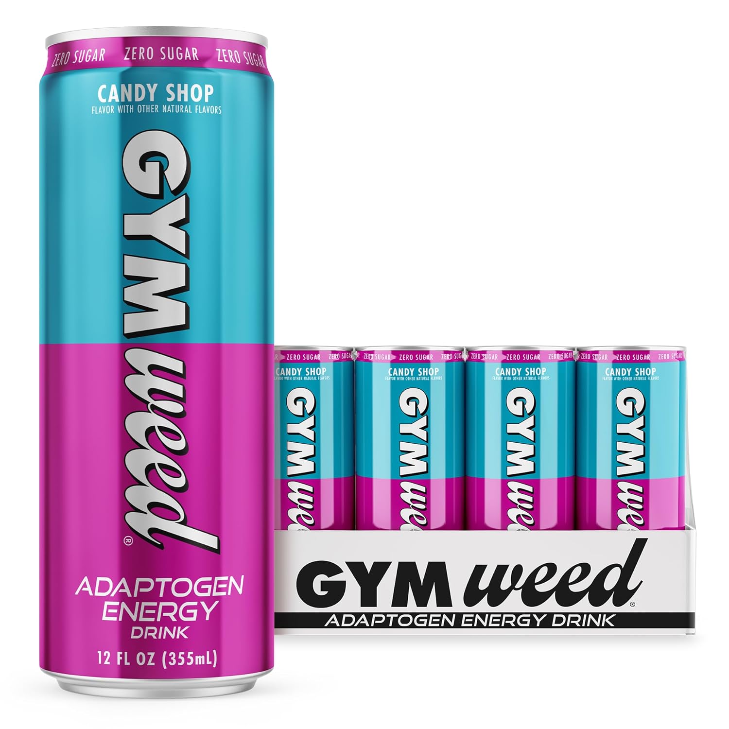 GYM WEED Adaptogen Energy Drink, Candy Shop – (12 unidades) – Bebida adaptogénica con cero azúcar – Ashwagandha, melena de león, cafeína y L-teanina