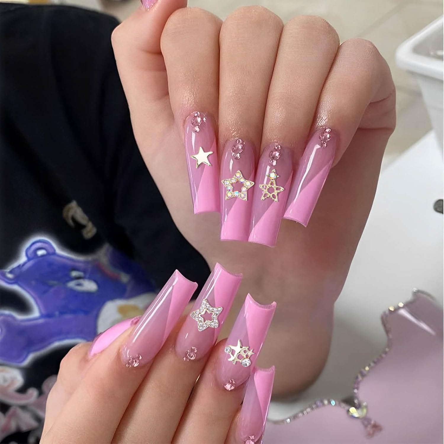 Shemboli – 24 dijes de uñas de estrella para uñas acrílicas, estrellas doradas 3D, diamantes de imitación de uñas, gemas de uñas, pentagrama, lindos