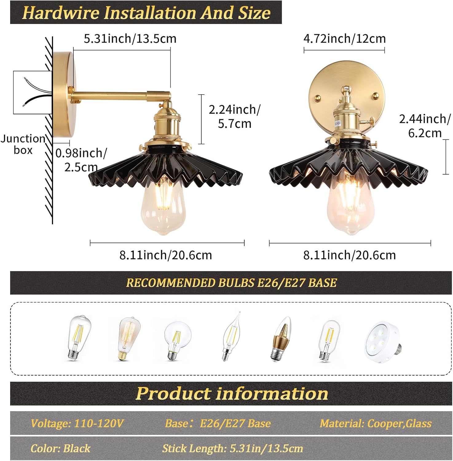 Apliques de pared vintage modernos de 1 luz con pantalla de cerámica plisada negra de 180 grados de latón ajustable con interruptor para puerta de