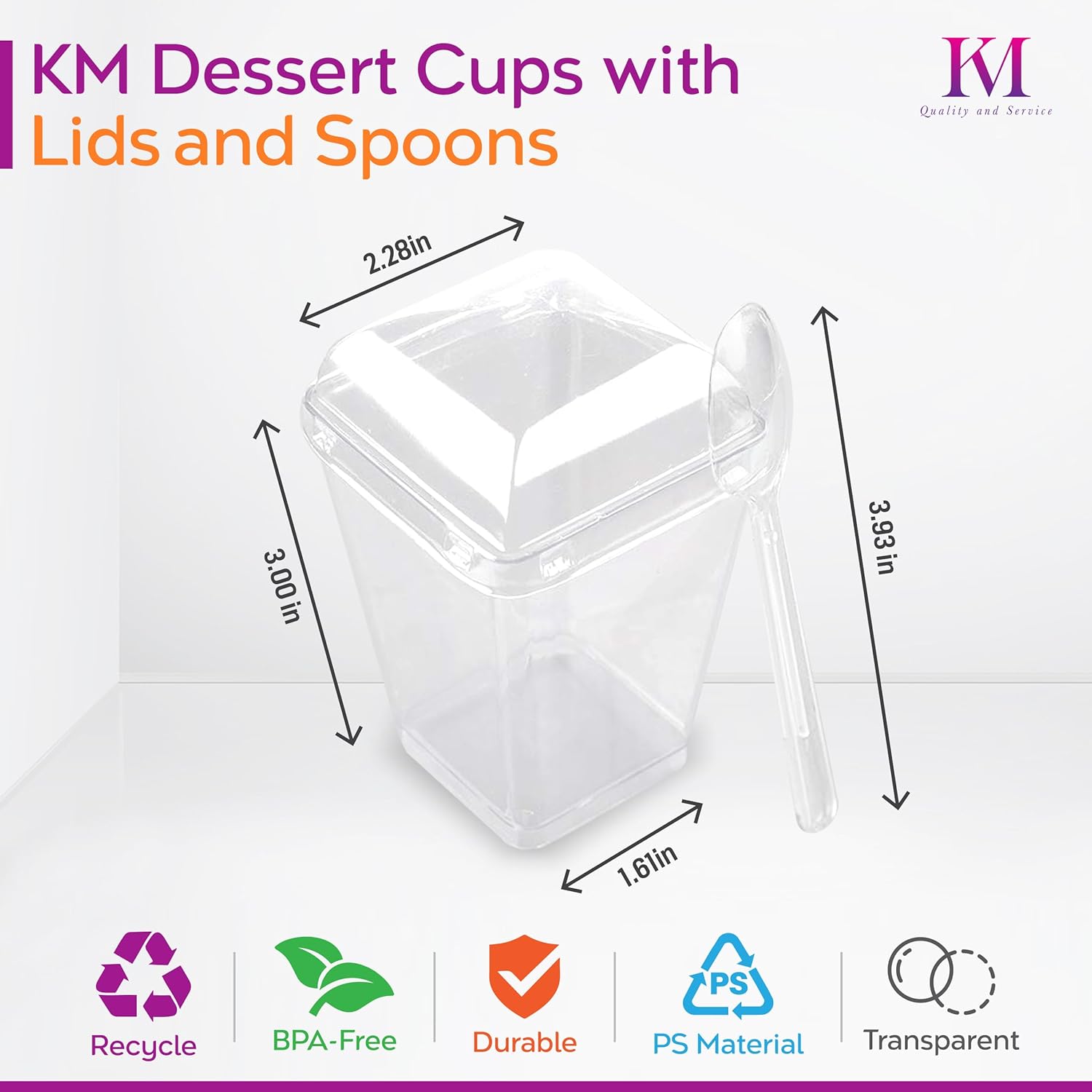 Km Vasos de postre con tapas y cucharas de 5 onzas, paquete de 100 vasos transparentes, vasos de plástico para parfait, cuencos de aperitivo de