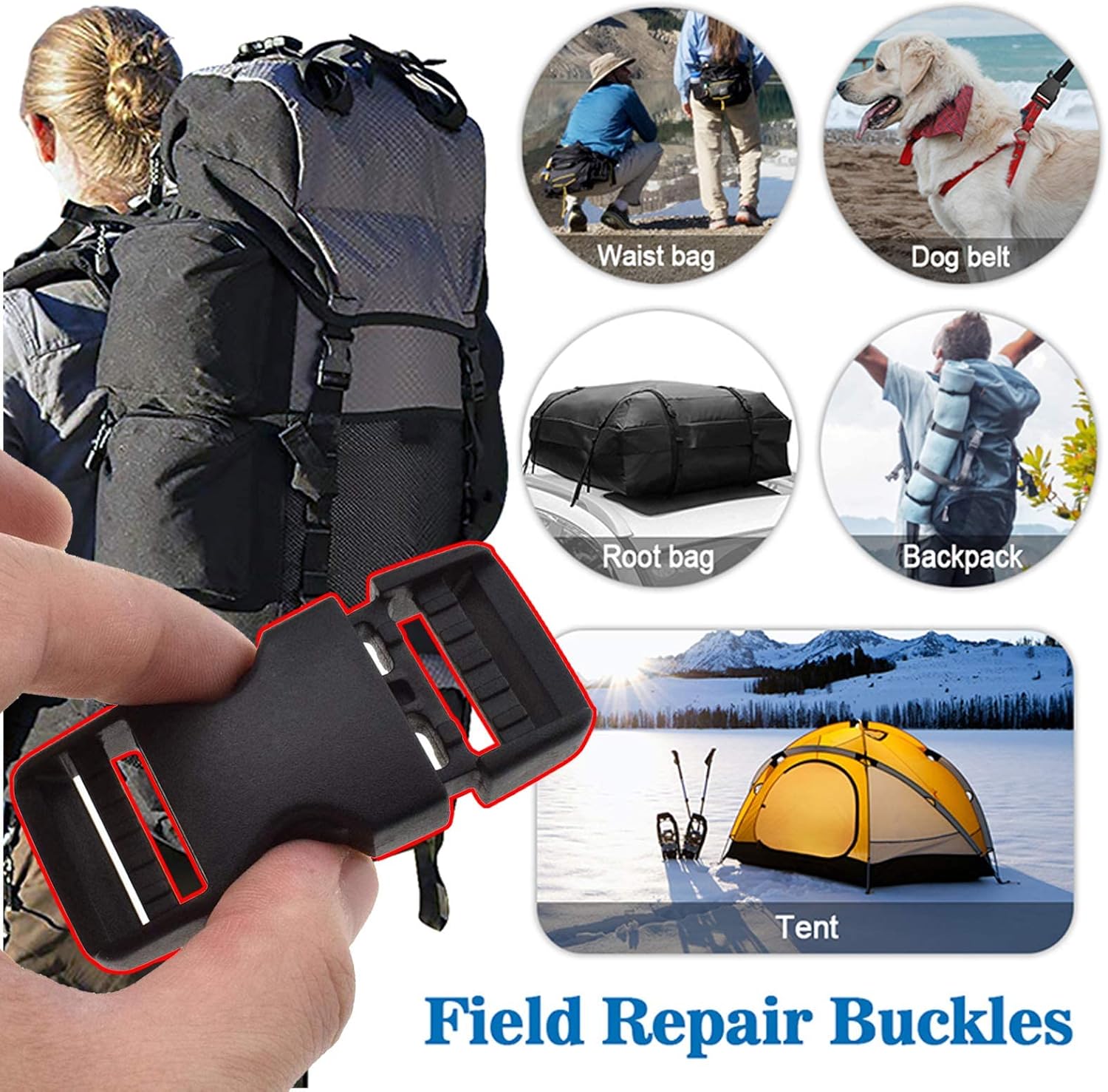 Buckles Strap 1 Inch Nylon Webbing Straps 10 Yards, Quick Side Release Plastic Buckle Dual Adjustable 8 Pack, Tri-Glide Slide Clip 16 PCS, Metal D