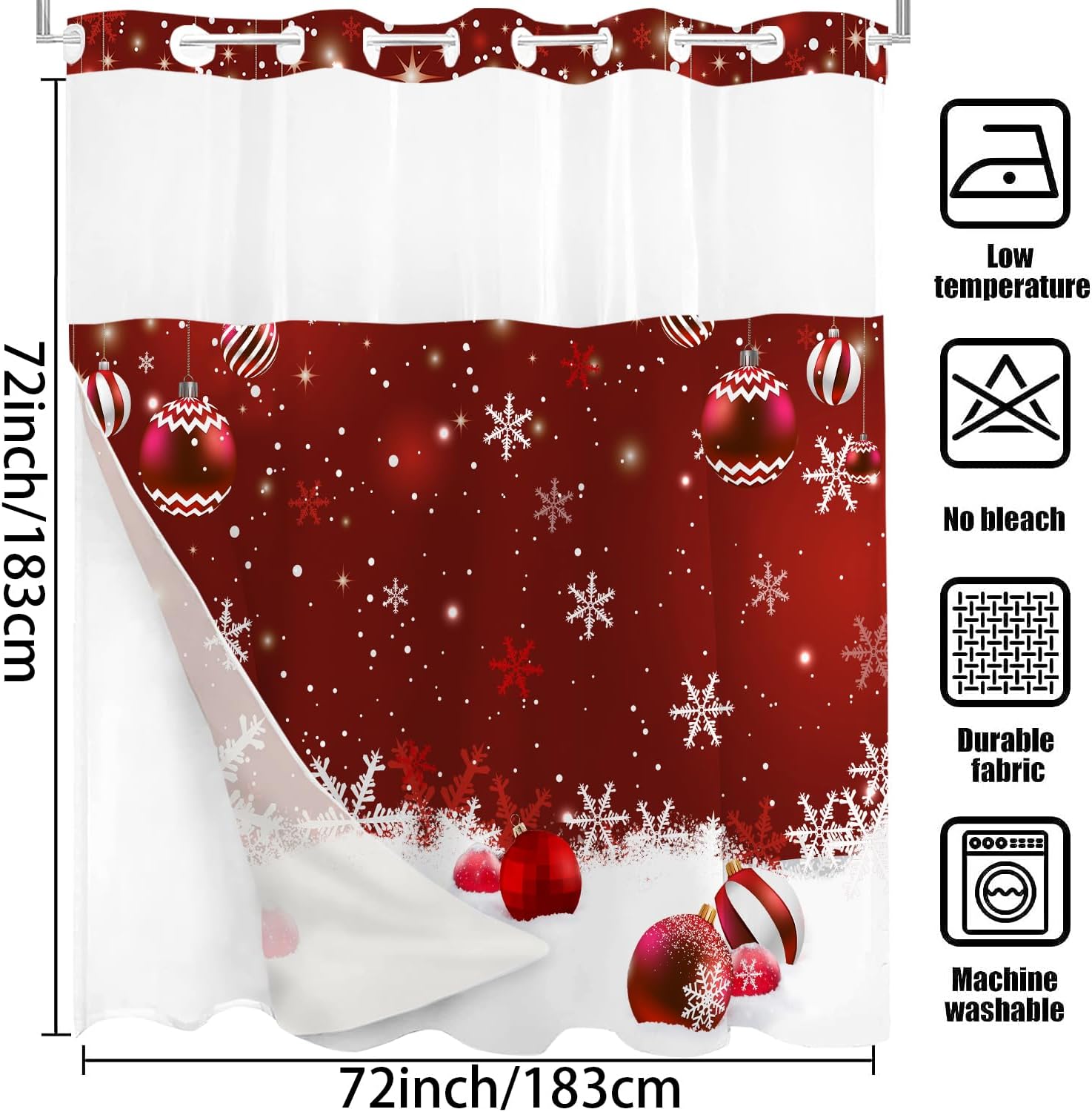 PAOPOED Cortina de ducha de Navidad sin gancho, copos de nieve de Navidad rojos, bolas de Navidad divertidas con purpurina brillante, cortinas de