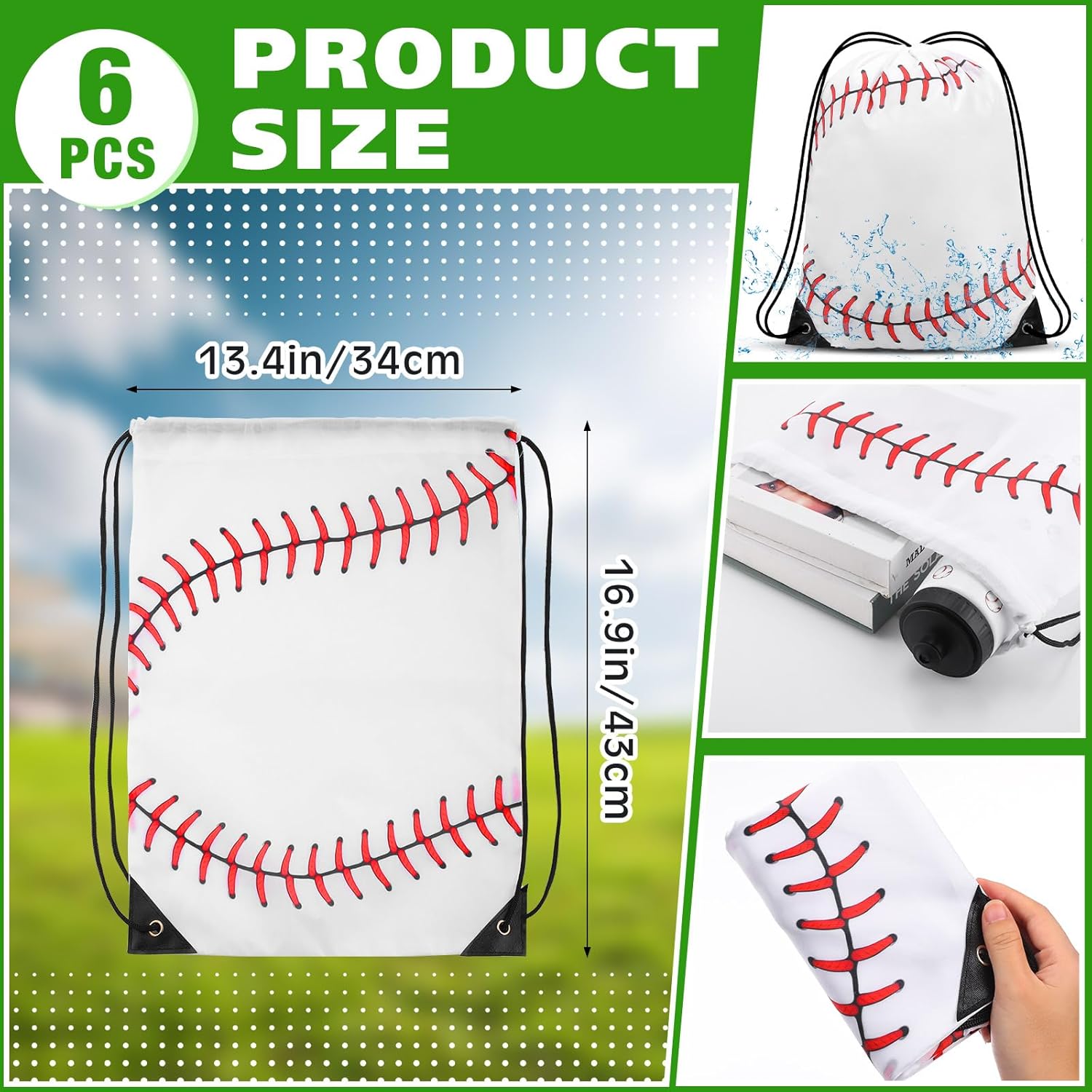 Sunnyray 12 piezas de regalos de fiesta de béisbol, 6 bolsas de béisbol de 13 x 17 pulgadas con cordón y 6 vasos deportivos de béisbol de 24 onzas,