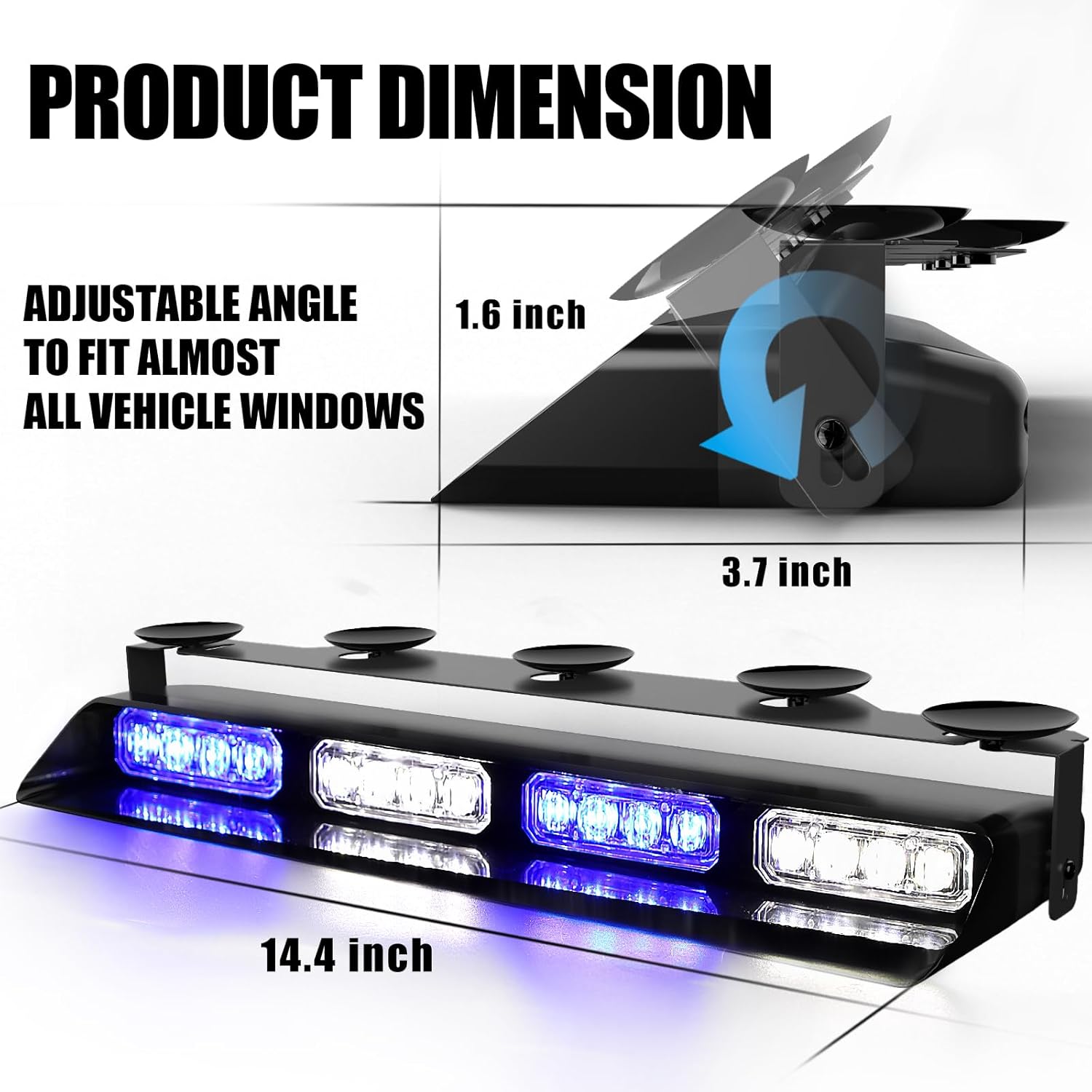 Luces de policía estroboscópicas de emergencia azul y blanco, peligro de advertencia intermitente de seguridad interior para parabrisas