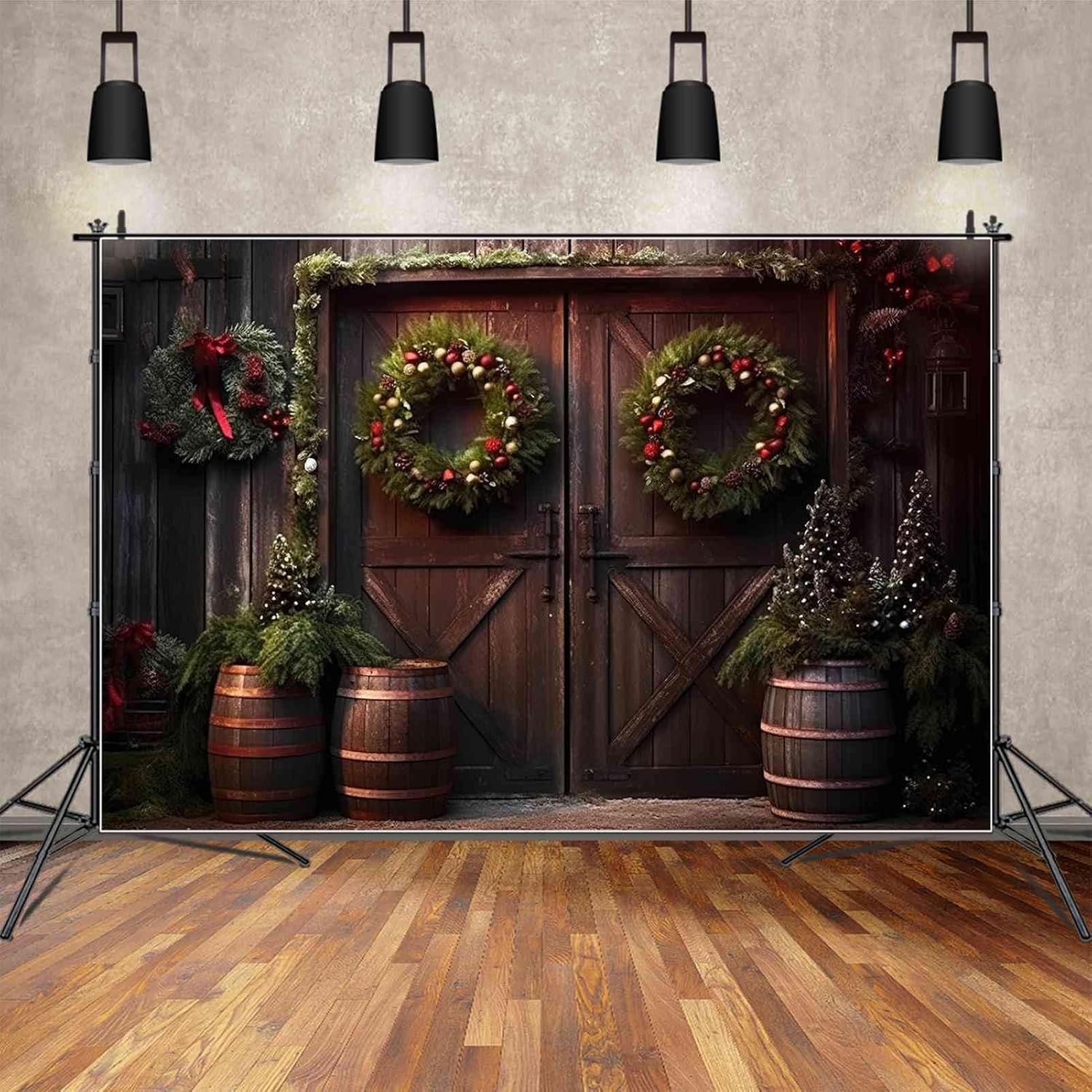 Telón de fondo de fotografía de 9 x 6 pies para Navidad, tablero de madera vintage, puerta, puerta, corona, fondo de pared, barriles, tablón de