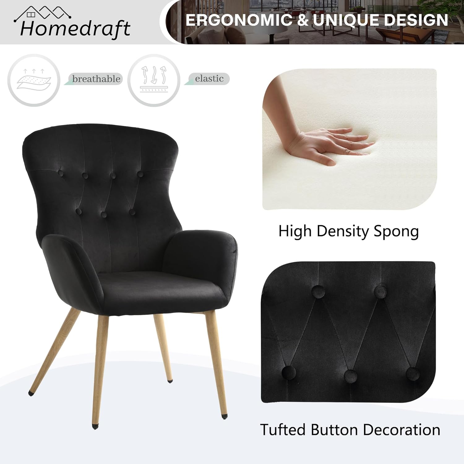 Silla decorativa de terciopelo, silla de lectura copetuda con botones con respaldo de ala alta grande, cómoda silla de tocador tapizada con patas de