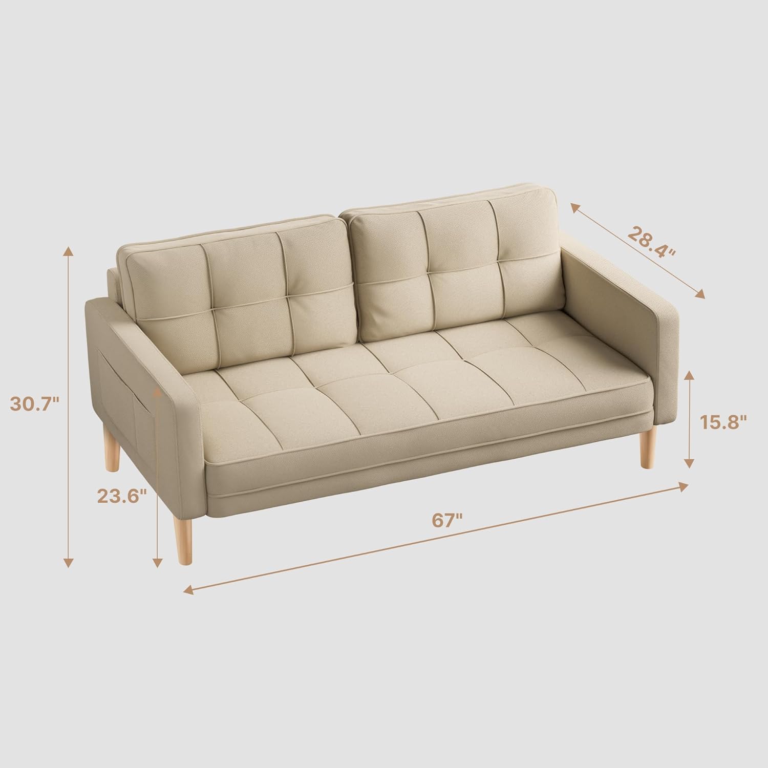 Aiho Sofá de 67 pulgadas, sofá biplaza con asientos profundos, respaldo cómodo y patas de madera resistentes, moderno futón para sala de estar,