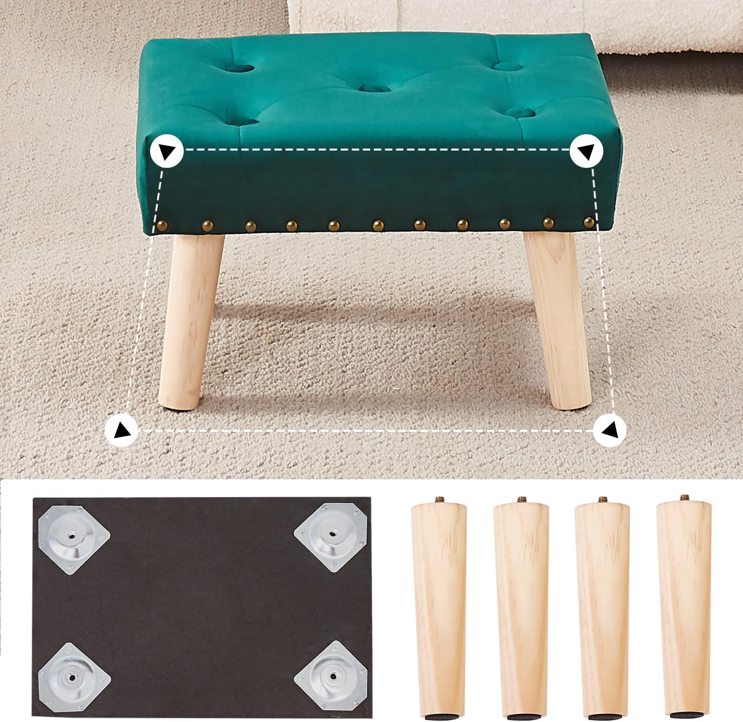 Cpintltr Reposapiés pequeño otomano, otomano suave remachado de terciopelo con patas de madera, sofá reposapiés adicional para sala de estar,