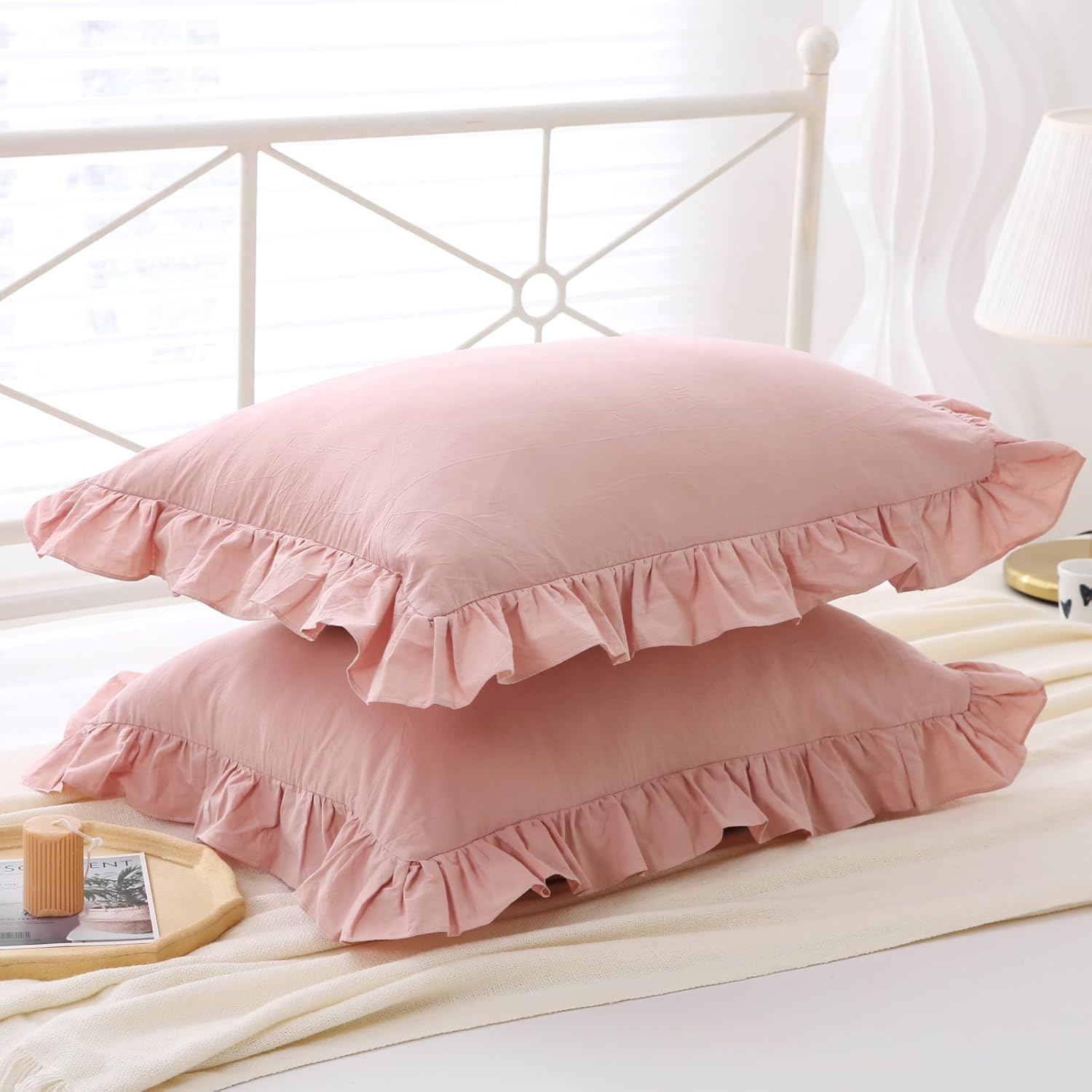 Mywinlle Juego de 2 fundas de almohada con volantes, fundas de almohada de algodón lavado, 20 x 26 pulgadas