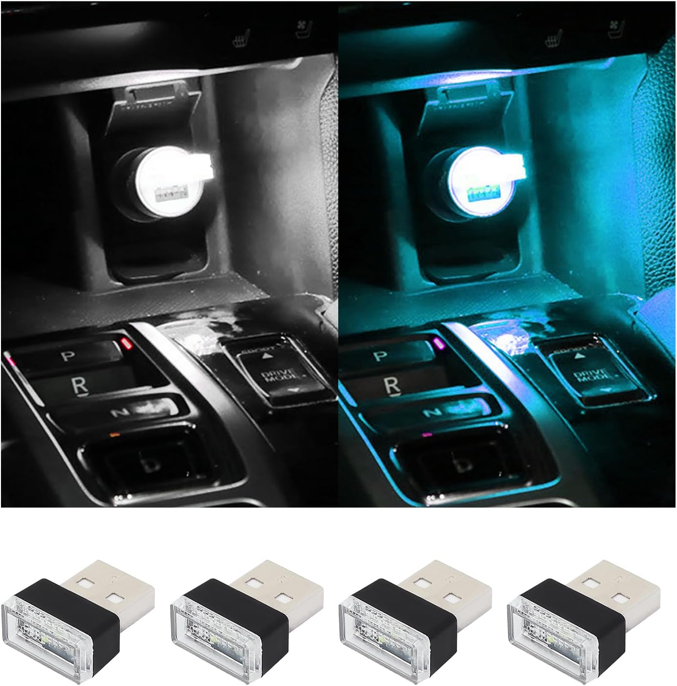 Augeny 4 lámparas LED USB para el interior del automóvil, luz nocturna de decoración USB enchufable, kit de iluminación ambiental portátil para