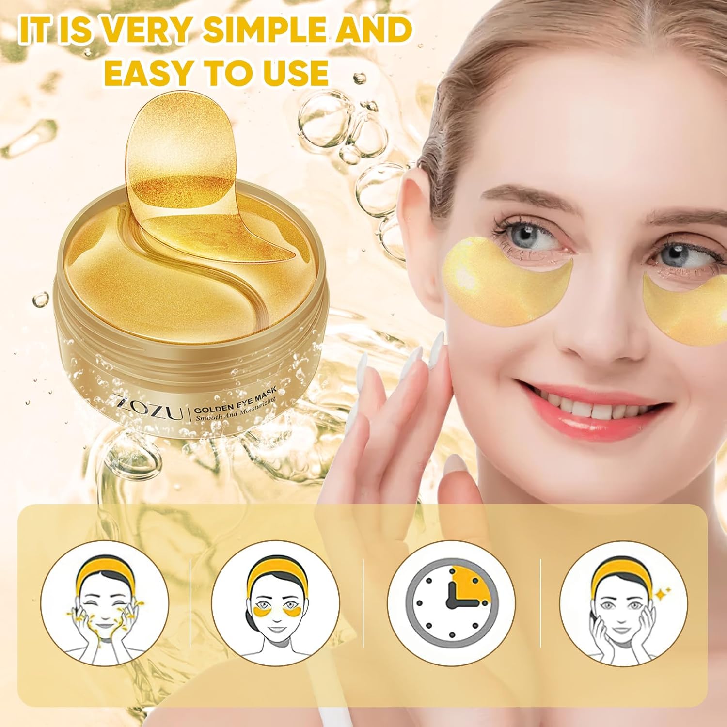 Aero Zen Máscaras de tratamiento de ojos de oro de 24 quilates, 120 unidades, máscara de ojos de oro puro antienvejecimiento colágeno ácido