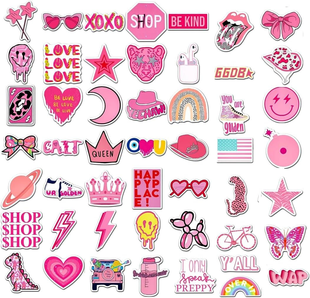 Paquete de calcomanías de color rosa preppy, paquete estético de vinilo impermeable, lindas calcomanías rosadas, suministros de recuerdo de fiesta,