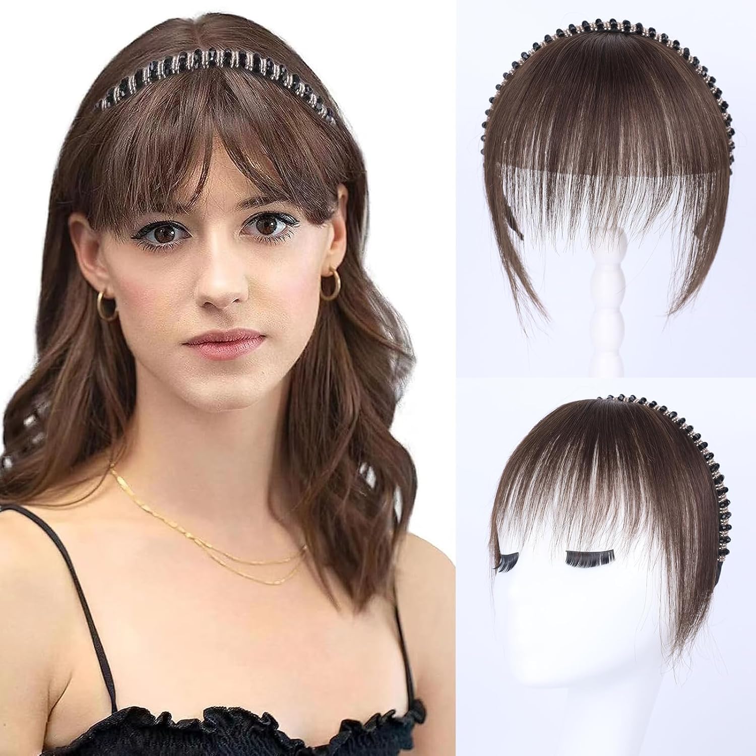 Flequillo de cabello humano con clip, flequillo delgado con banda de diamantes de imitación para reducir la edad, extensiones de cabello para mujer,