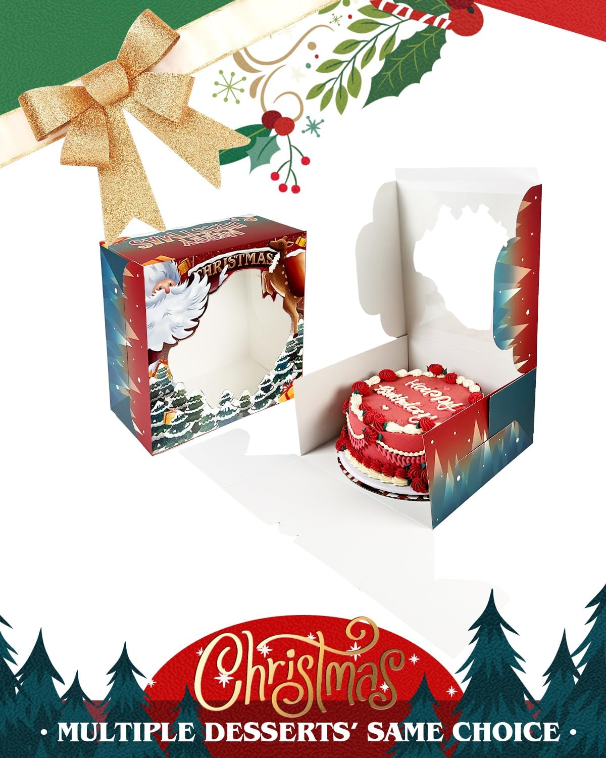 qiqee Cajas de pastel de Navidad de 10 x 10 x 5 pulgadas, caja de panadería con ventana, 12 paquetes de cajas de pastelería para Navidad