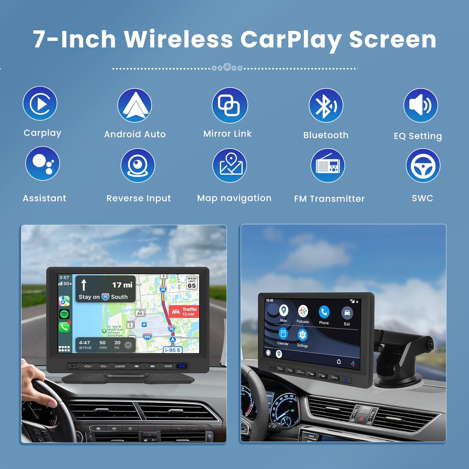 Inefala Estéreo portátil inalámbrico para automóvil Apple CarPlay de 7 pulgadas, soporte para tablero CarPlay con Android Auto, pantalla táctil Full