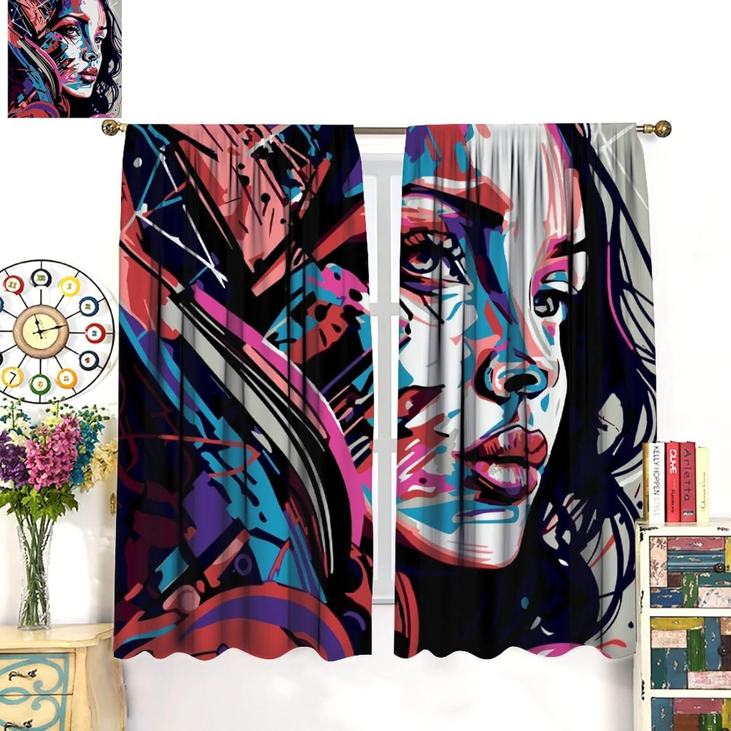 Cortinas de pared de ladrillo, arte pop de grafiti, hermosas cortinas con estampado de chicas americanas para adolescentes, dormitorio, sala de