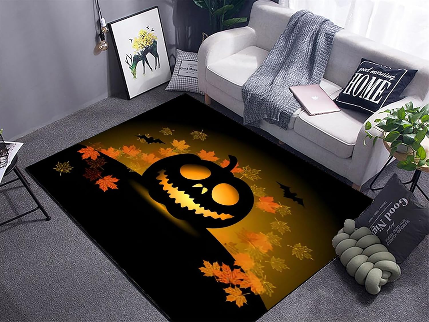 HONGXIU Alfombra temática de Halloween, de 3 x 5 pies, con diseño de hojas de murciélago y cabeza de calabaza, alfombra decorativa para habitación