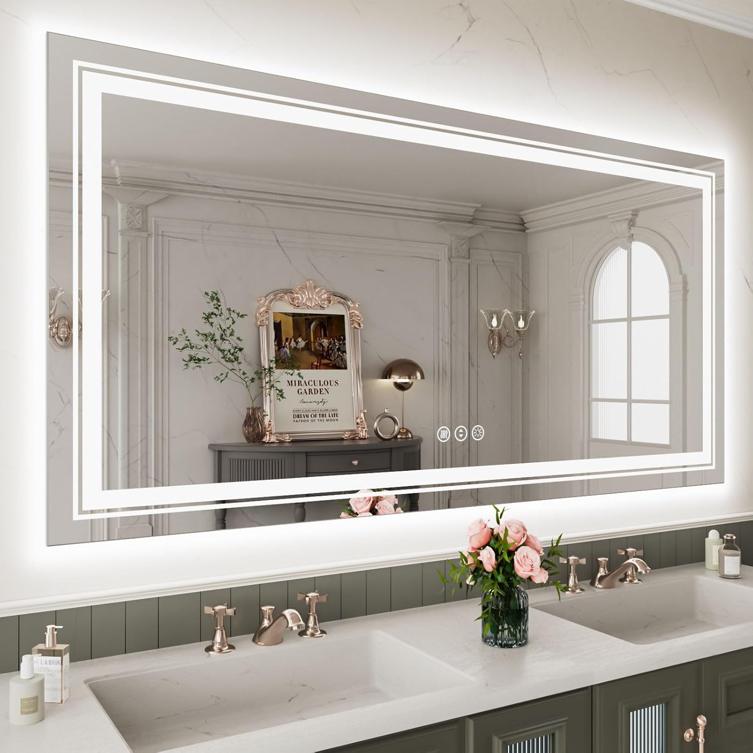 WTTY Espejo de baño LED de 60 x 36 pulgadas con luces, retroiluminado y frontal iluminado, espejo de tocador de baño montado en la pared, espejo de