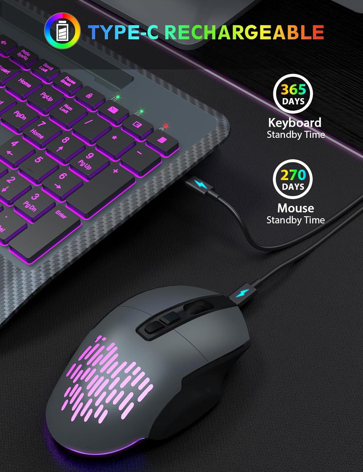 Retroiluminación inalámbrica para teclado y mouse, reposamuñecas, mouse Jiggler, teclado ergonómico recargable con soporte para teléfono, combo de