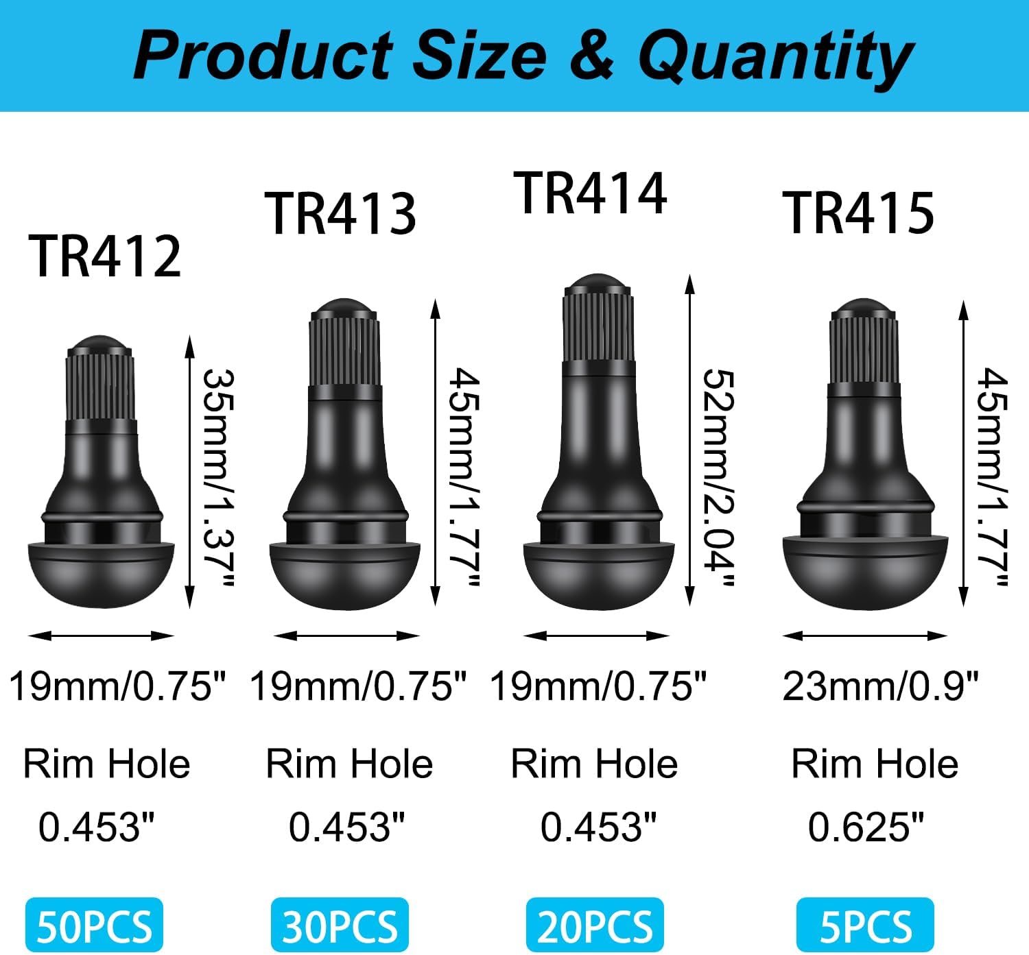 105 vástagos de válvula de neumático TR412, TR413, TR414, TR415 de goma negra para reemplazo de agujeros de llanta sin cámara en neumáticos estándar