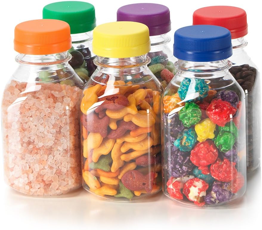 (6) Botellas cuadradas de plástico transparente de grado alimenticio de 8 onzas con 6 tapas a prueba de manipulaciones de diferentes colores, 6