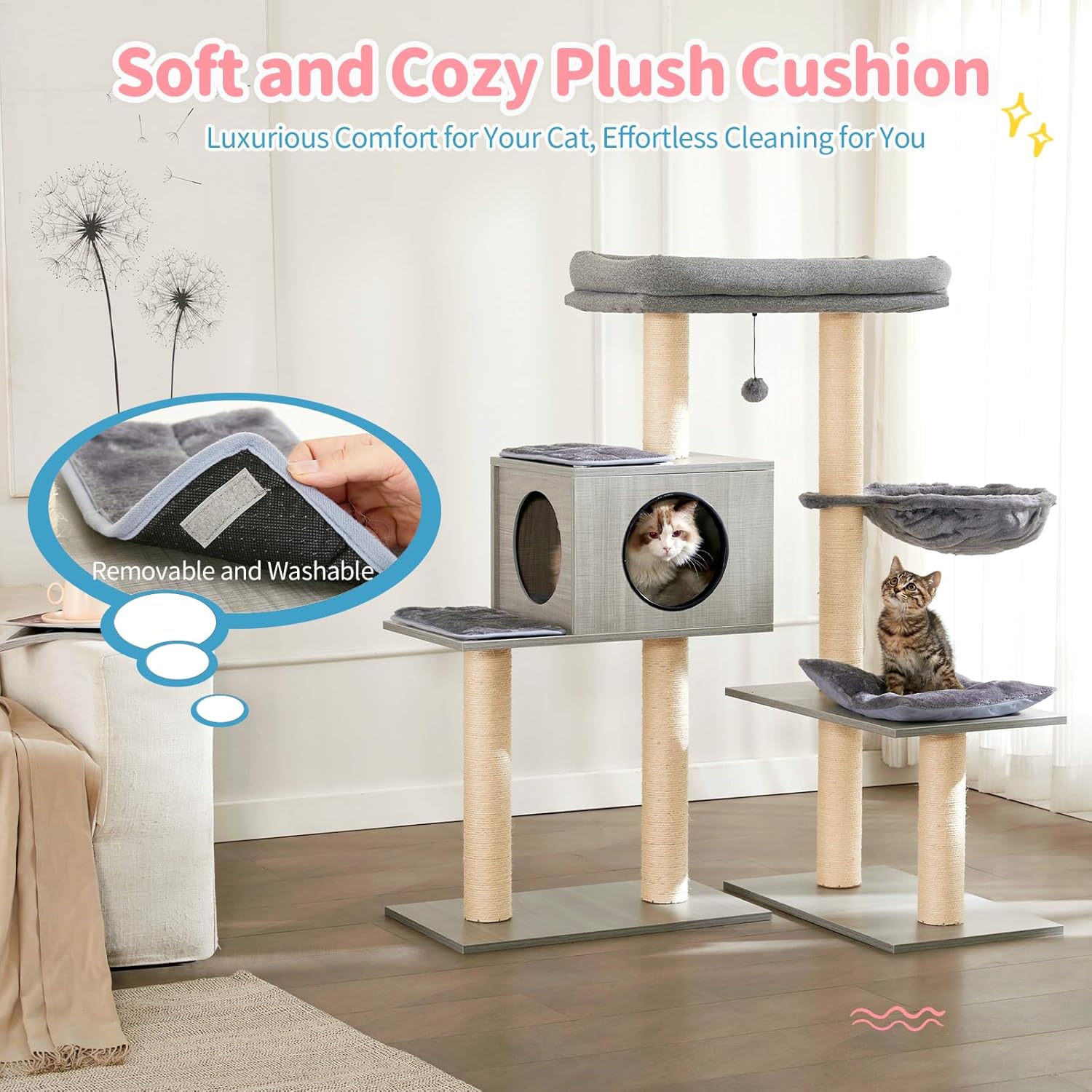 Made4Pets – Árboles para gatos grandes de interior, torre moderna para gatos con poste rascador de sisal, condominio de escalada de madera para