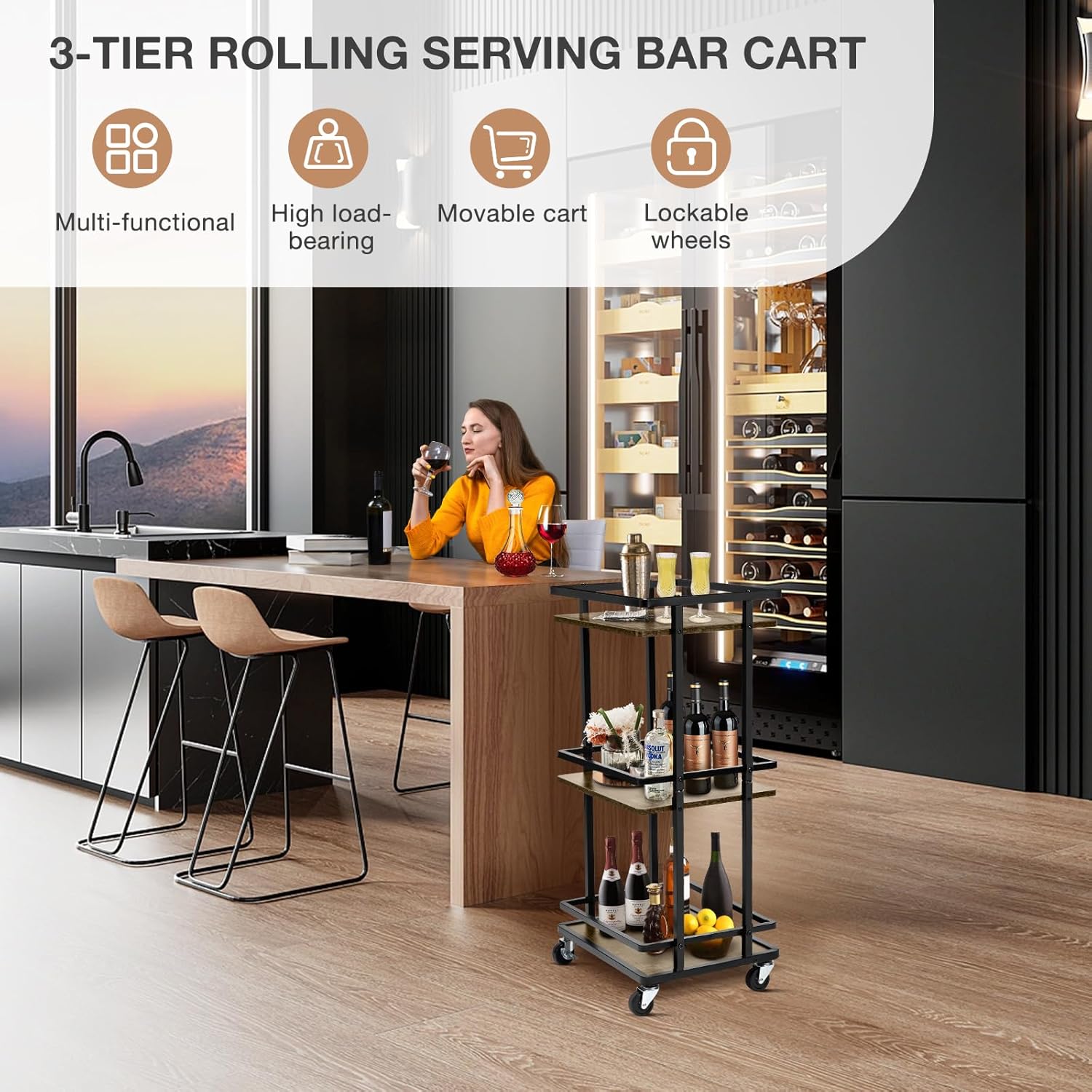 BOEASTER Carrito de barra de 3 niveles para el hogar, carrito de servicio de mini bar rodante, carrito de vino con ruedas, carrito de vino de estilo