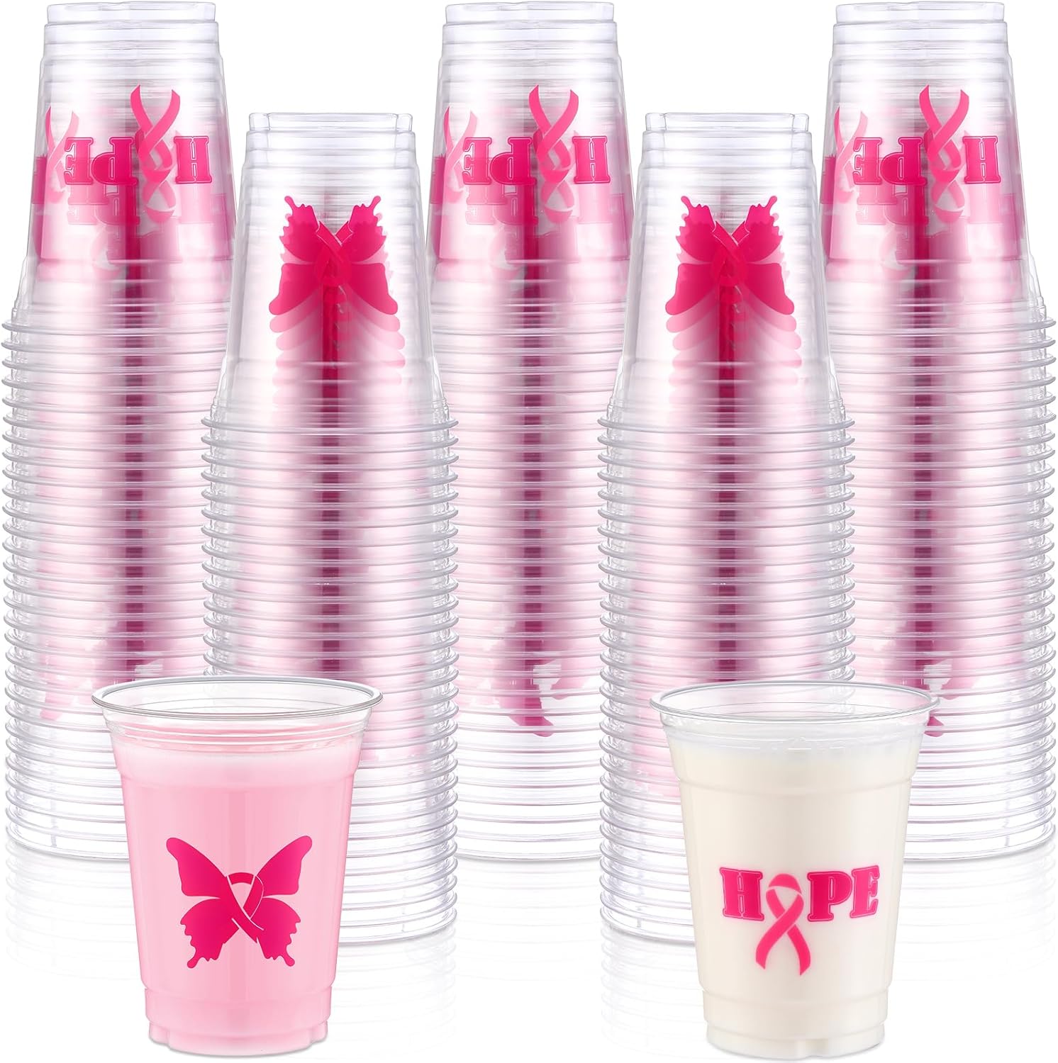 200 vasos de plástico para concientización del cáncer de mama, vasos desechables a granel, vasos de plástico transparente de cinta rosa, vasos de