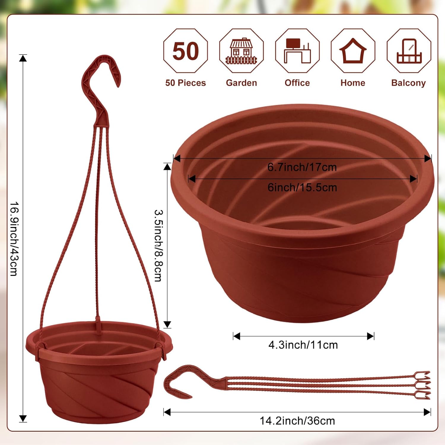 50 macetas colgantes de plástico redondas para plantas, contenedores colgantes de plástico con gancho para colgar, macetas para plantas de