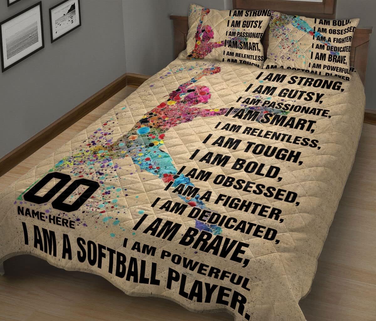 OhaPrints Juego de ropa de cama y fundas de almohada personalizadas, con texto en inglés “I Am Strong I Am A Softball Player, color beige, con