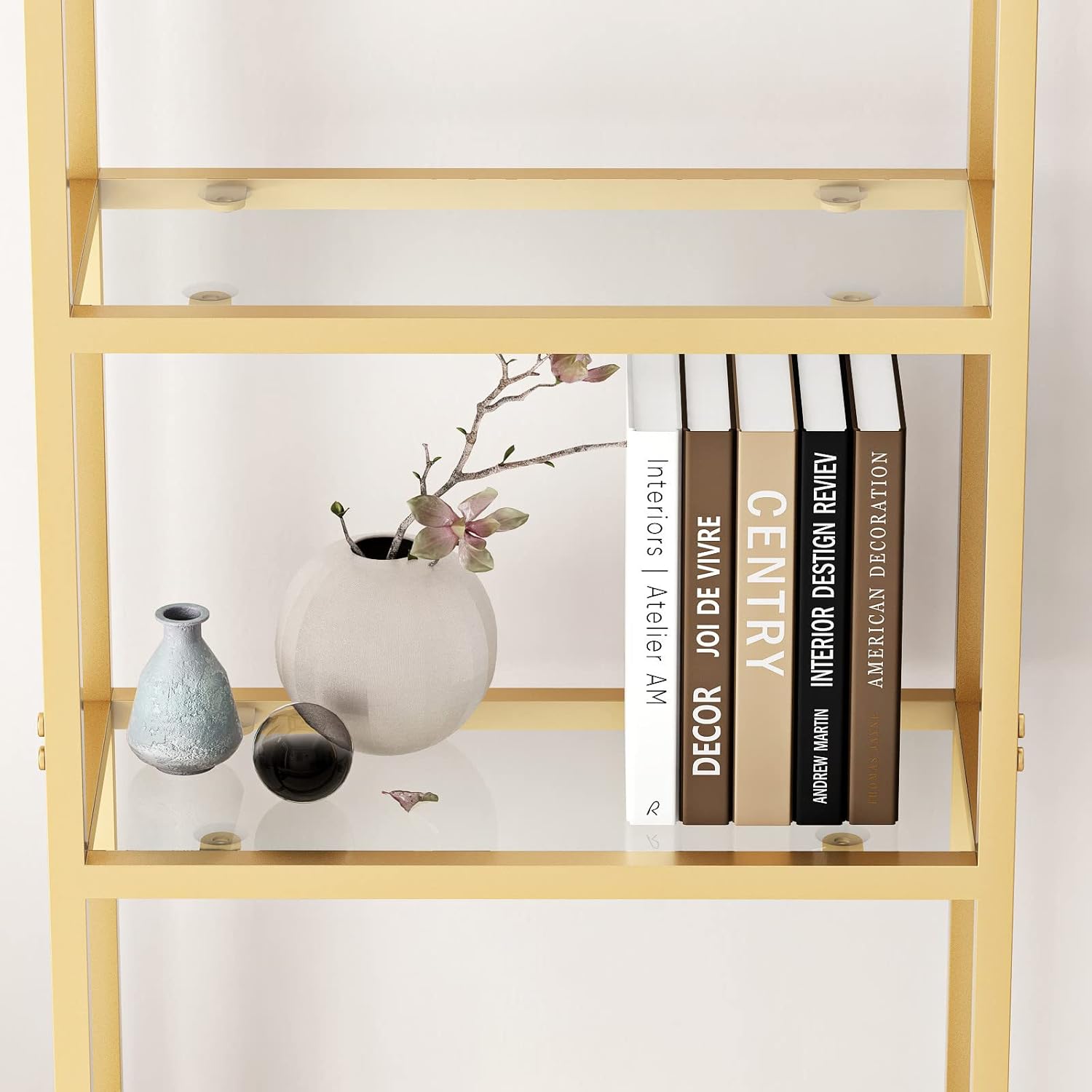 Freestanding Gold Bookshelves with Glass Shelves Storage, Modern Gold Bookcase with 4 Tier Glass Shelves, Gold Storage Organizer for Office, Living