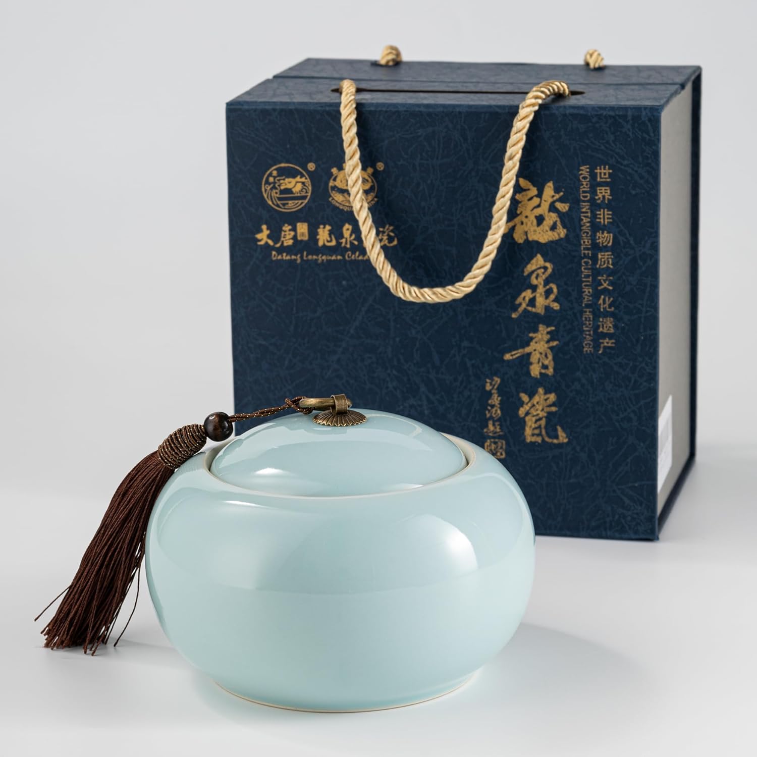 Longquan Celadon – Tarro de almacenamiento de té suelto, recipiente hermético de porcelana verde de 20 onzas líquidas, recipiente hermético de