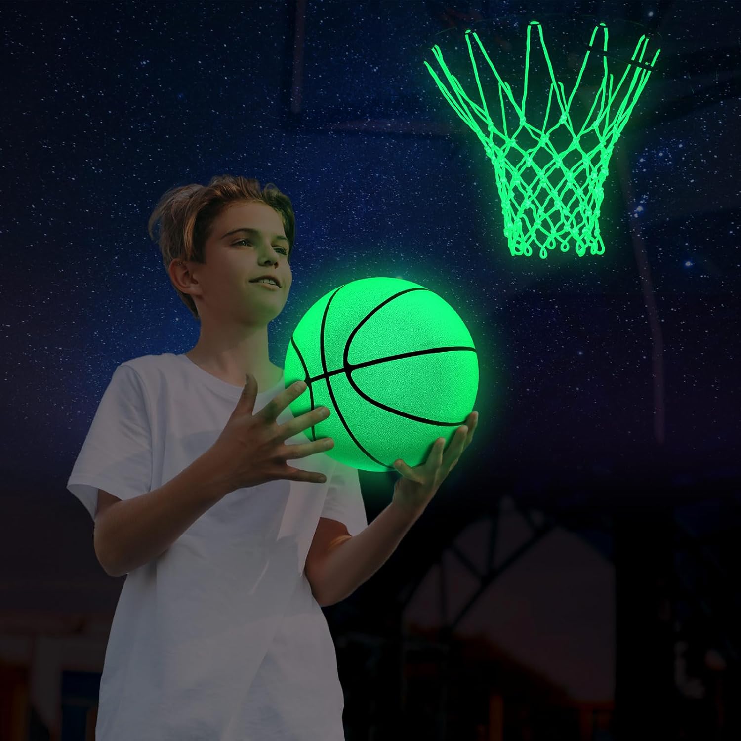 3 Pcs Glow in The Dark Basketball Set, Includes Size 7 Glowing Basketball Light up Nightlight Net with Pump for Hoop Luminous Sports Gift for Kids