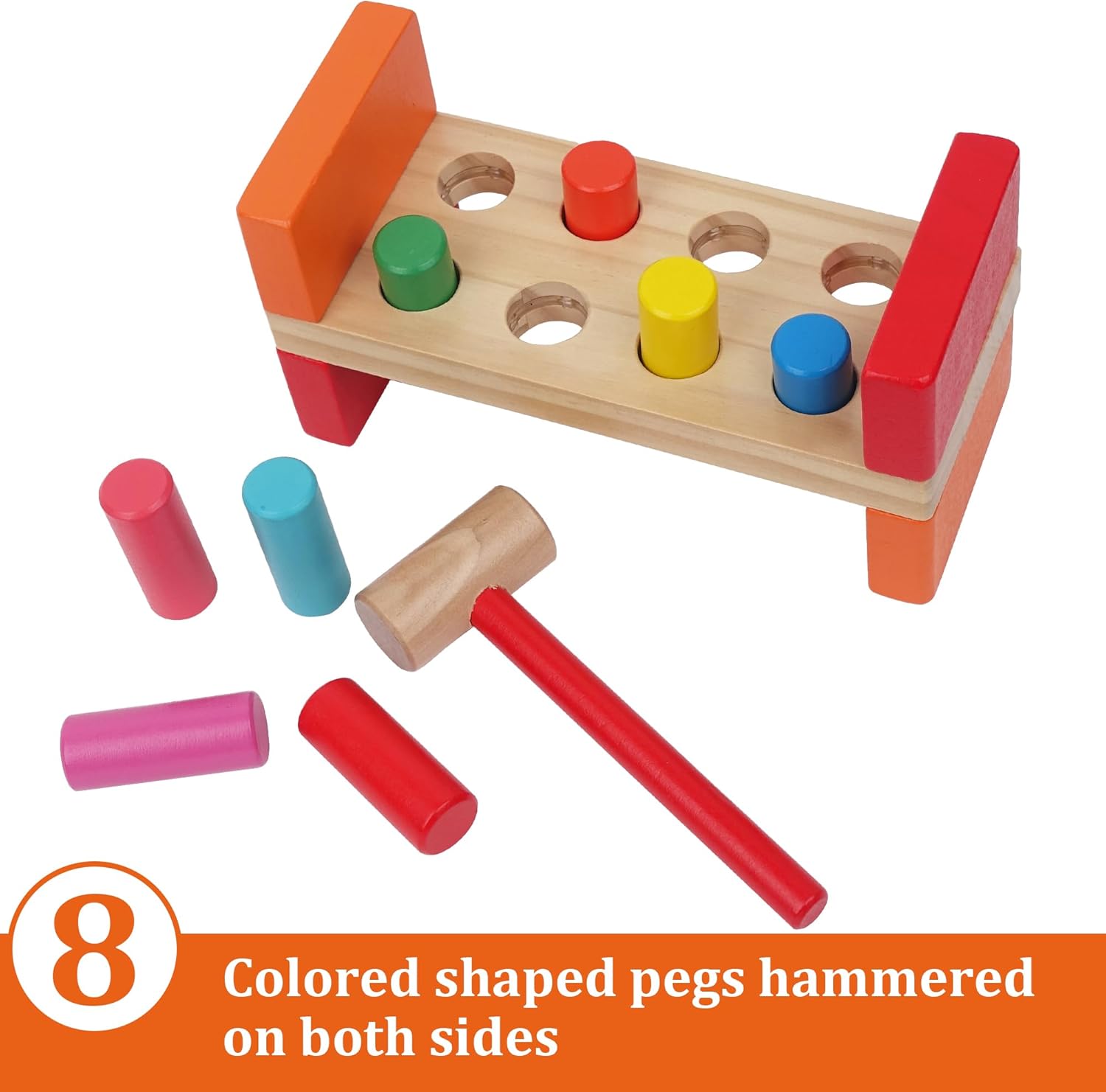 Juguete de martillo de madera para niños pequeños de 1 a 3 años, juguete Montessori con 8 clavijas y mazo para coordinación mano-ojo, juguete para