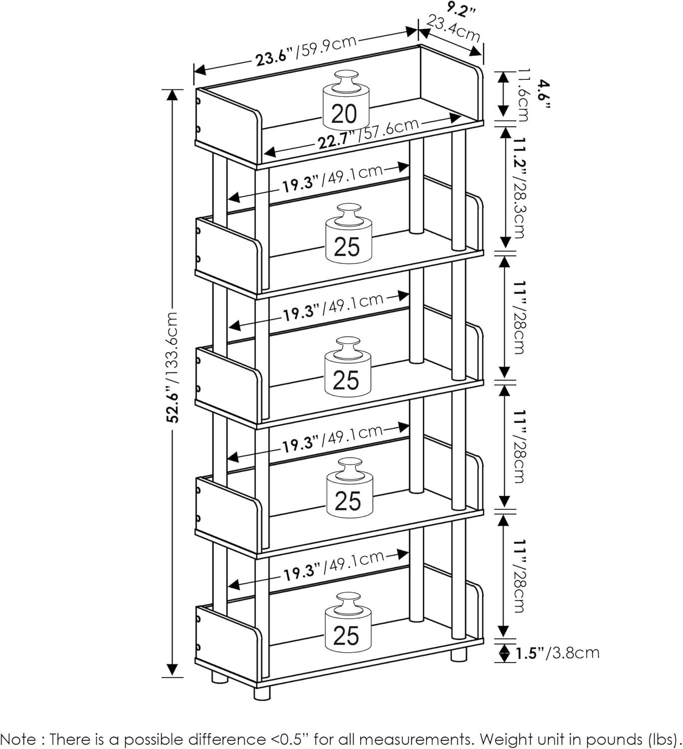 Furinno Turn-N-Tube – Estantería expositora multiusos, de 5 niveles, se monta sin herramientas, color nogal