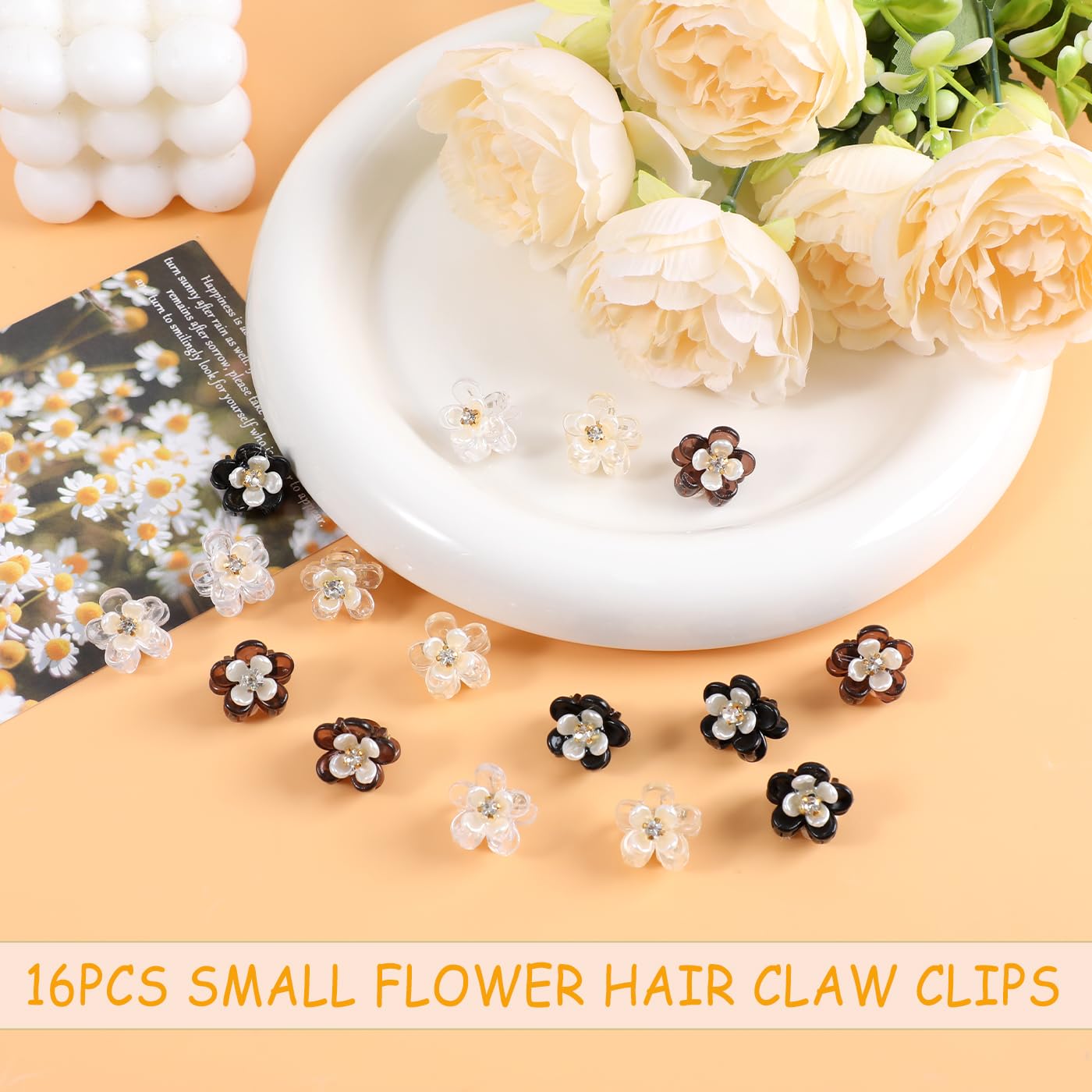 CWJCYTNSN 16 pinzas para el pelo de flores pequeñas para mujeres y niñas, pinzas de plástico de 0.6 pulgadas, bonitas abrazaderas de flores para