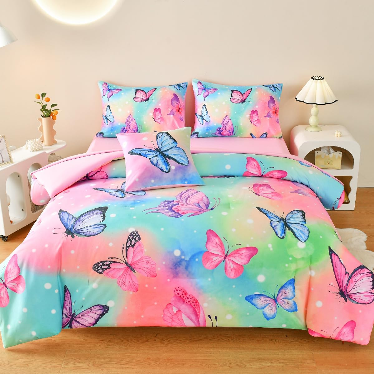 Tasselily Juego de ropa de cama de mariposa tamaño matrimonial, juego de edredón de mariposa rosa para niñas, niños y adolescentes, 6 piezas de cama