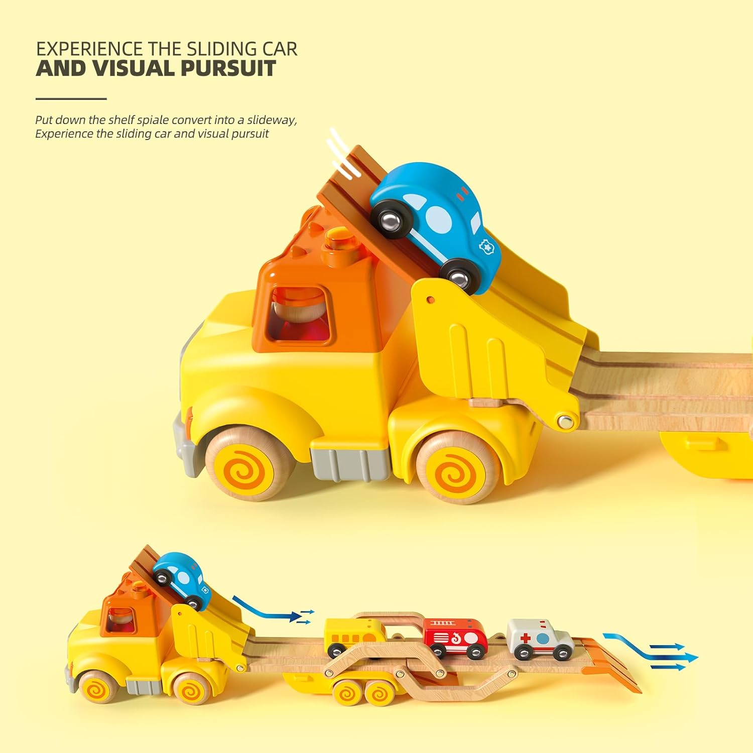Camión transportador de coche de juguete con vehículos de madera, remolque de pista, luces y sonidos, regalo para niños de 2 a 5 años