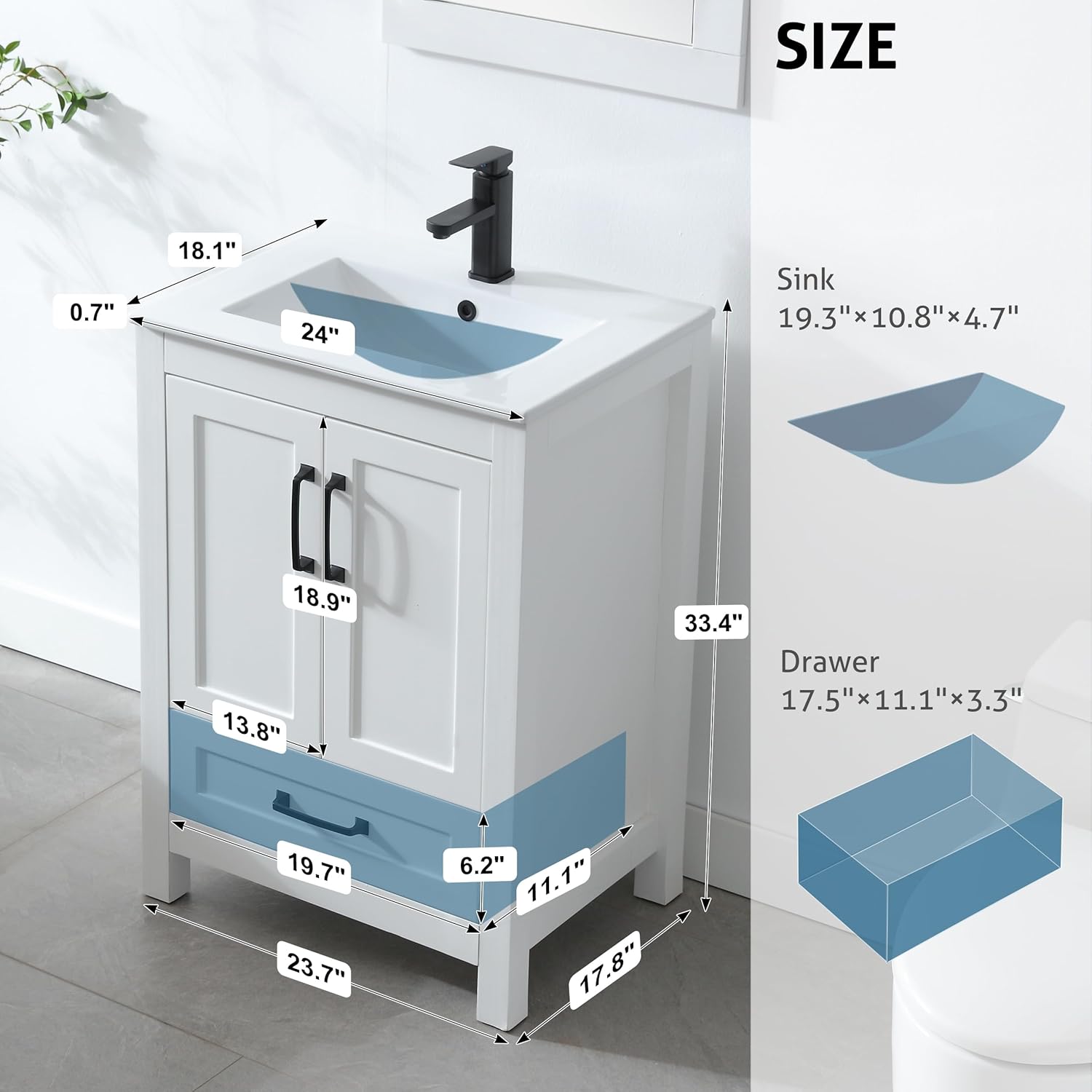 eclife Juego combinado de tocadores de baño de 24 pulgadas con lavabo, fregadero de cerámica empotrado con madera gruesa, grifo negro mate,