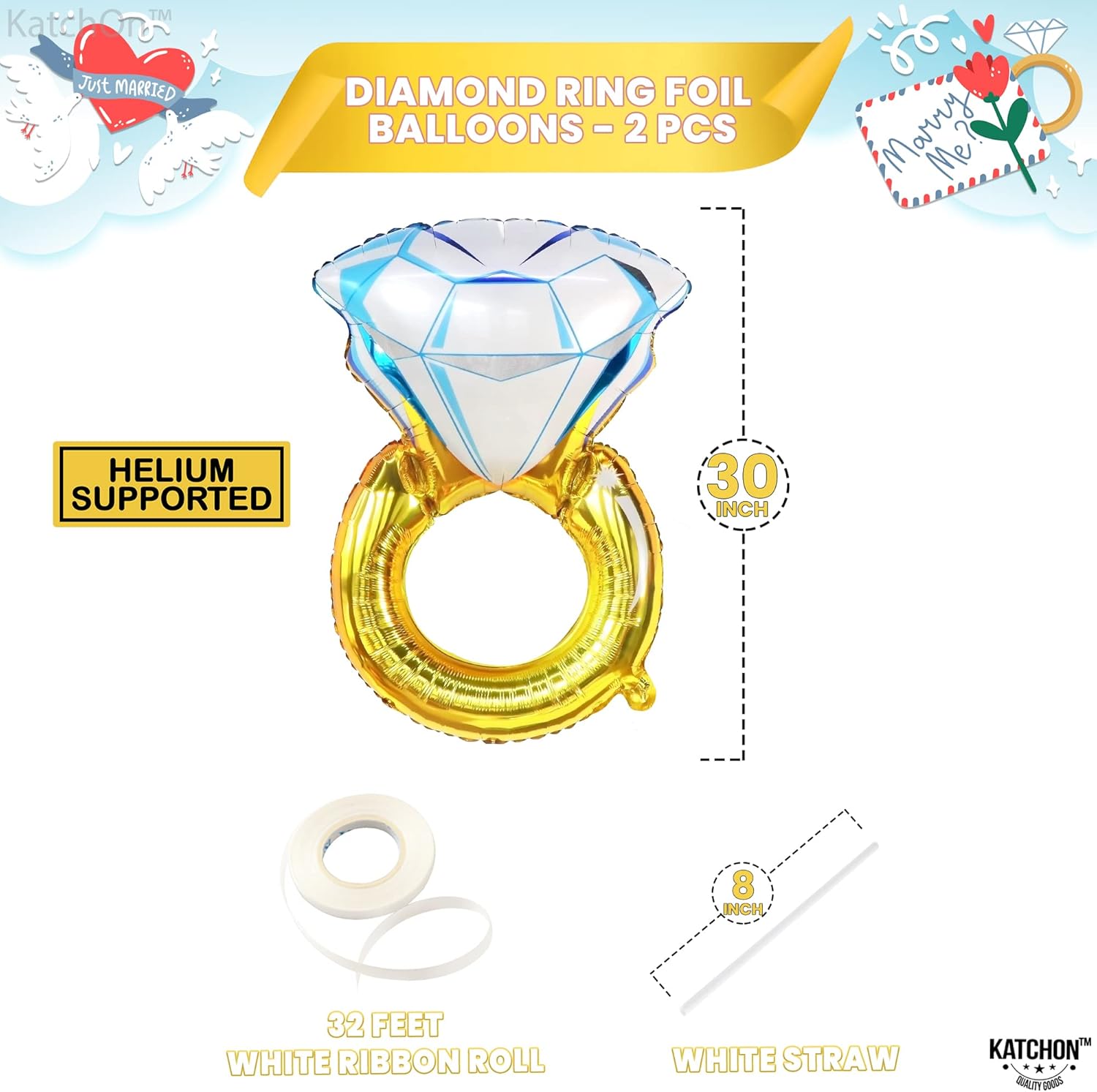 KatchOn, Cartel con purpurina, dorado, con el texto en inglés “He Put A Ring On It” con bonito globo de anillo de diamantes, paquete de 2 globos de