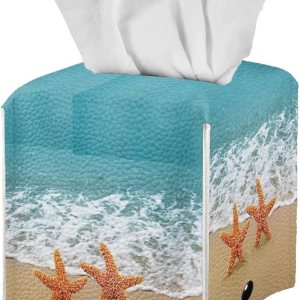 Cubierta cuadrada para caja de pañuelosorganizador que no se cae con estrellas de mar de playa de piel sintética, soporte decorativo para caja de Cubierta cuadrada para caja de pañuelosorganizador que no se cae con estrellas de mar de playa de piel sintética, soporte decorativo para caja de